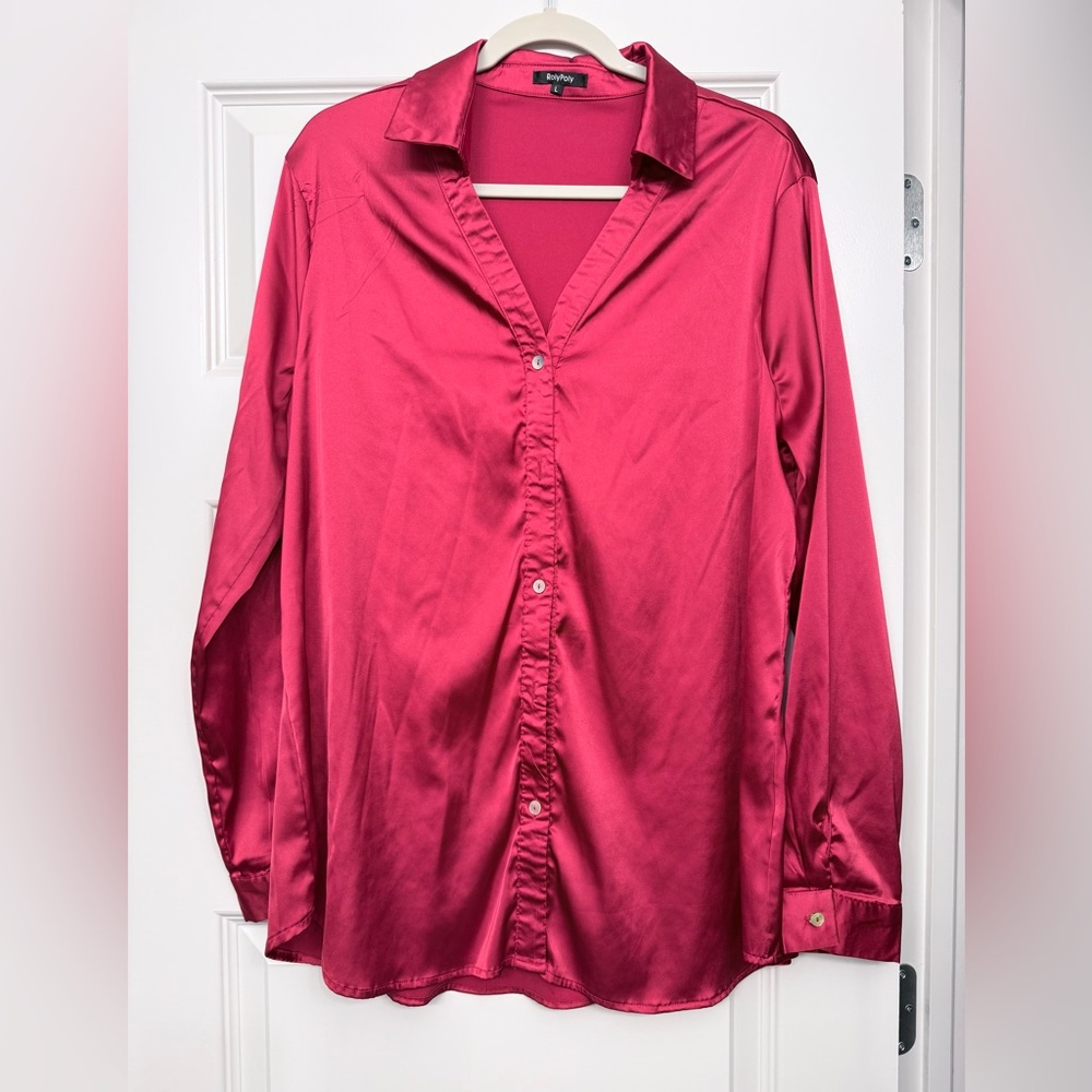 Elegant Satin Button Down Shirt in Deep Pink